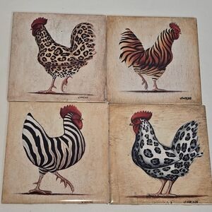 Rooster Print Ceramic Plaque Folk Art Trivet Colorful by J. Wiens Set of 4
